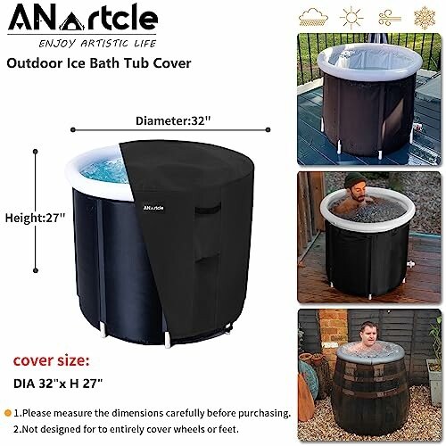 Outdoor ice bath tub cover with dimensions and usage examples.