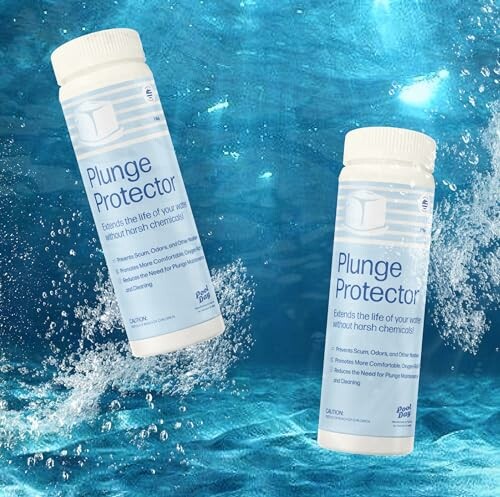 Two bottles of Plunge Protector floating in water.