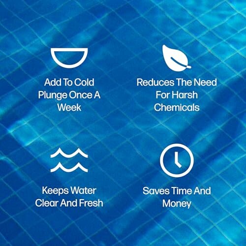 Infographic on pool maintenance benefits: add to cold plunge weekly, reduces harsh chemicals, keeps water clear, saves time and money.