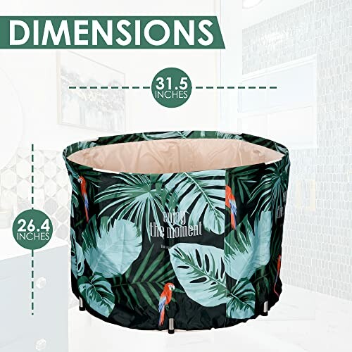 Portable bath tub with tropical design and dimensions of 31.5 inches by 26.4 inches.