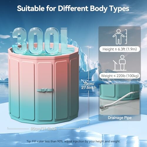 Portable ice bath tub with dimensions and capacity details.