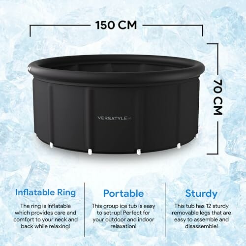 Black portable ice tub with dimensions and features.