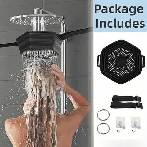 Woman using a portable outdoor shower kit with accessories.