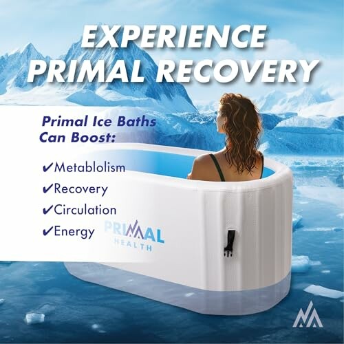 Person in ice bath with benefits listed: metabolism, recovery, circulation, energy.