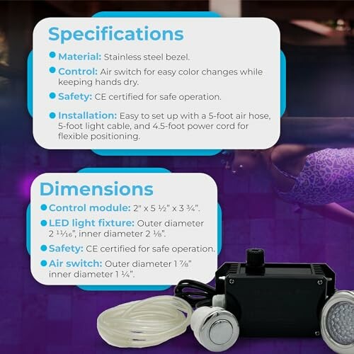 Specifications and dimensions of a product with control module, LED light fixture, and air switch.