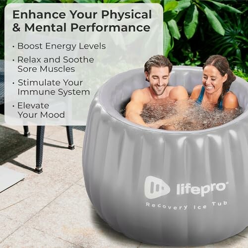 Two people relaxing in a recovery ice tub with benefits listed.