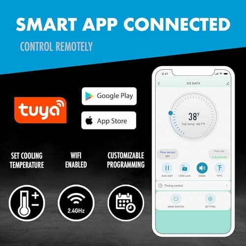 Smart app connected for remote control with Tuya, Google Play, and App Store logos.