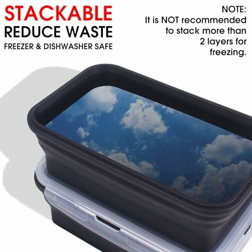 Stackable containers with sky reflection and usage note.