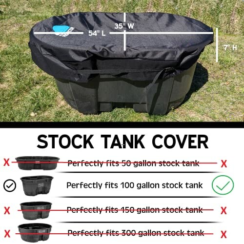 Stock tank cover fitting guide for different tank sizes.