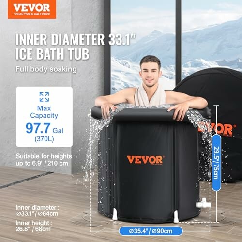 Vevor ice bath tub with a person inside, showing dimensions and capacity.