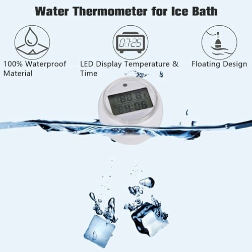 Water thermometer for ice bath with waterproof material, LED display, and floating design.