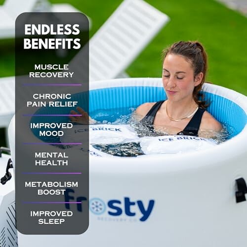 Woman in an ice bath with a list of benefits including muscle recovery and improved sleep.