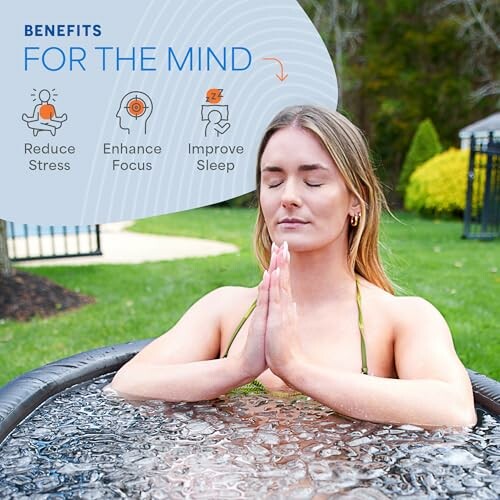 Woman meditating in an ice bath with benefits for the mind listed.