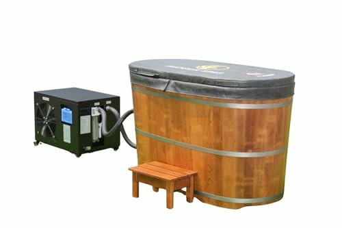 Wooden hot tub with attached heater and small stool.